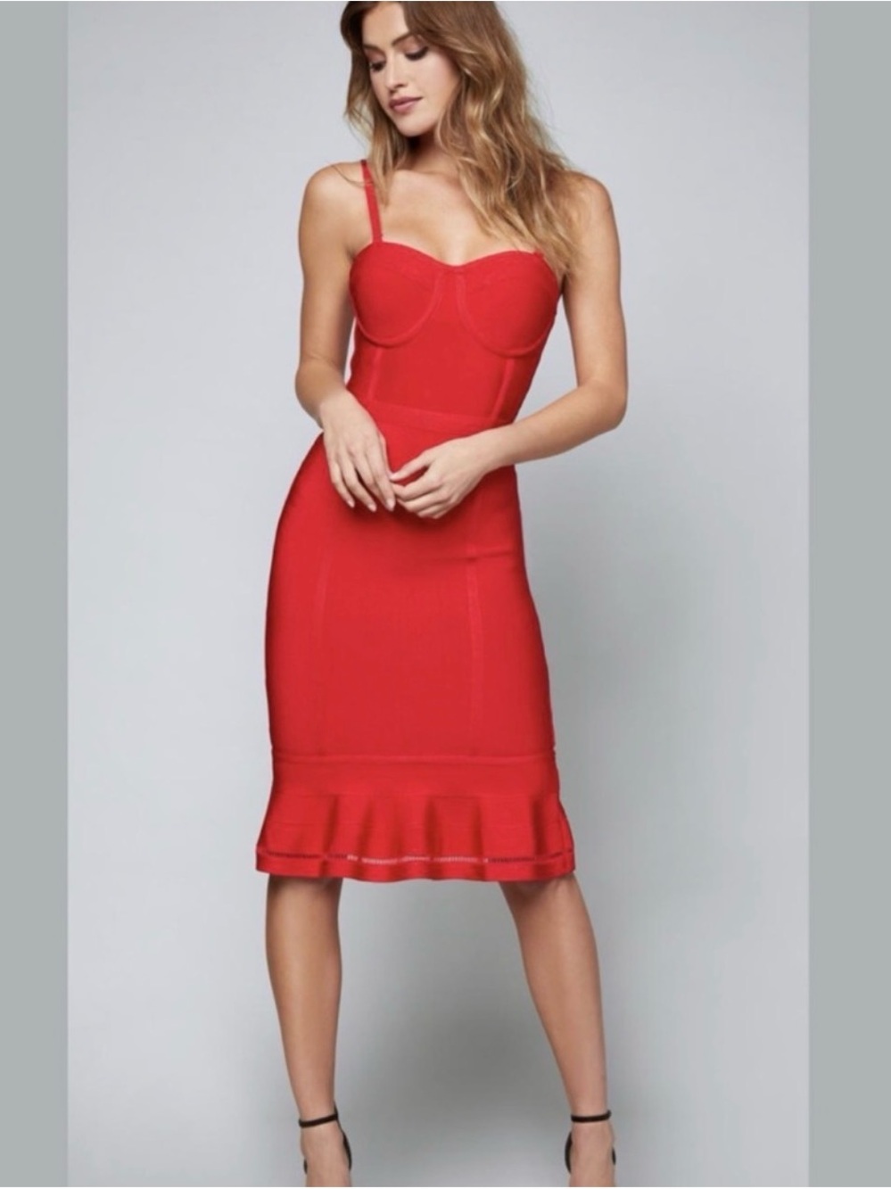 bebe Red Bodycon Midi Dress with Ruffle Hem